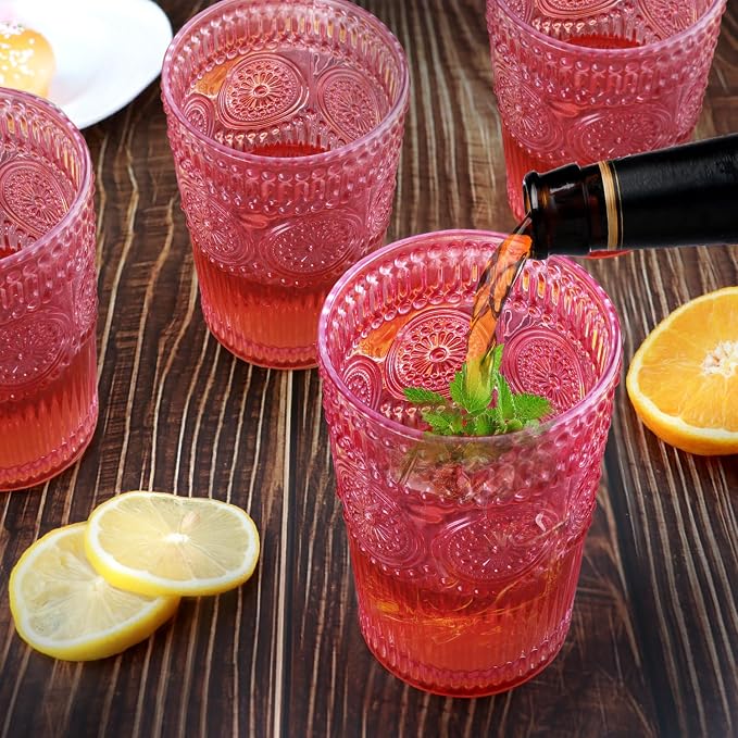 Loivttvv 6pcs Vintage Drinking Glasses Set, 12 oz Pink Highball Glasses, Embossed Ribbed Glassware Cups for Cocktail, Water, Juice, Coffee, Whiskey