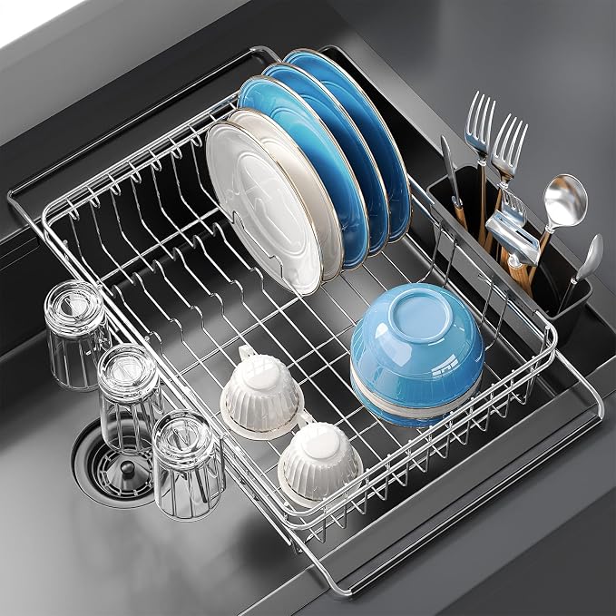Delamu Over The Sink Dish Drying Rack for Small Kitchen | Expandable Stainless Steel in Sink Dish Drainer, Dish Rack for Kitchen Inside Sink with Utensil Holder, Rustproof, Large