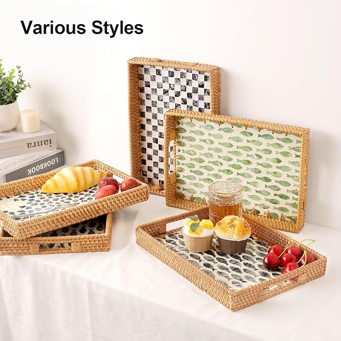 Rectangle Rattan Tray with Mother of Pearl Inlay, Rattan Serving Tray with Handle for Coffee, Bread, Fruits, Snacks, Decorative Wicker Tray for Table Decor (Rectangle Black Fish, 13"×9")