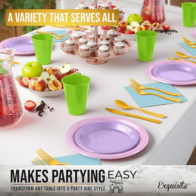 Party Solids 350 Pieces Easter Plates For Party, Easter Disposable Plates Set, 50 Of Each 9" Dinner Plate Set, 7" Dessert Plate, Cups, Napkins & Cutlery Plastic Dinnerware Set