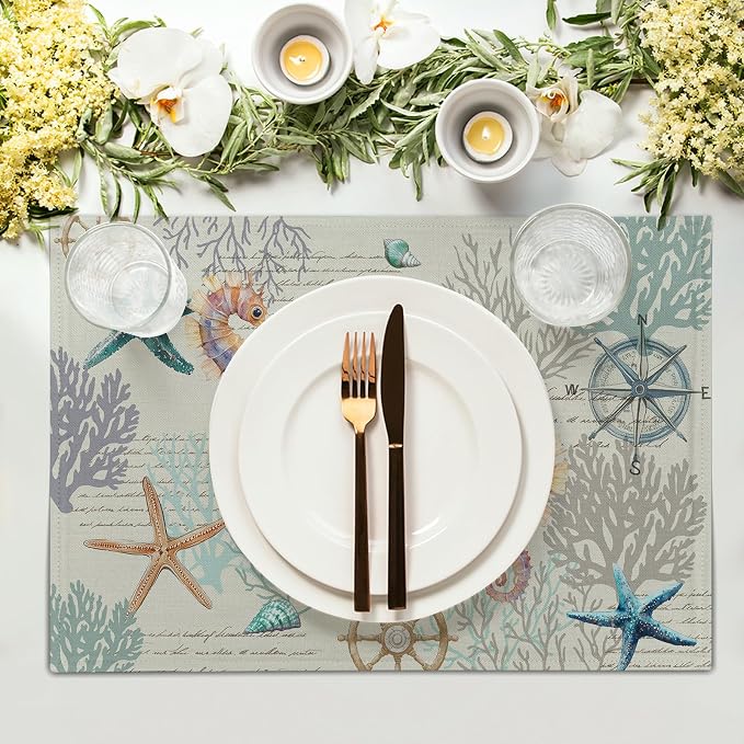 Nautical Placemats Set of 4 Starfish Sea Shell Beach Theme Ocean Coral Washable Non-Slip Heat Resistant 12×18 Inch Seasonal Summer Linen Fabric Table Mat for Party Kitchen Dining