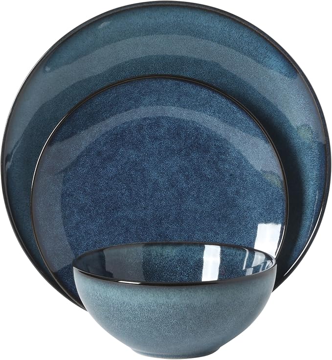 Gibson Elite Castle Peak Plates and Bowls Set, 12-Piece Dinnerware Set, Blue Reactive Glaze Stoneware Dishes, Dinner Plates, Salad Plates & Cereal Bowls