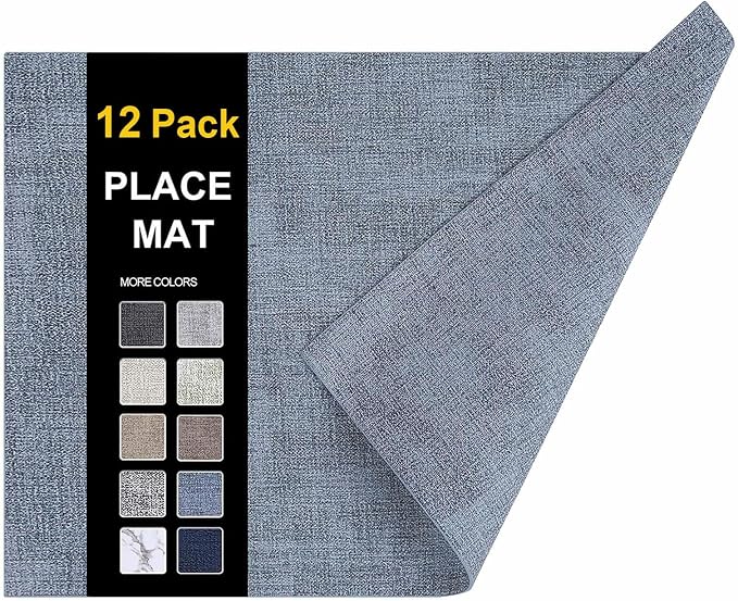 Faux Leather Heat Resistant Placemats 12 Packs, Waterproof Wipeable Dining PU Place Mats for Indoor & Outdoor, Easy to Clean, Denim Blue