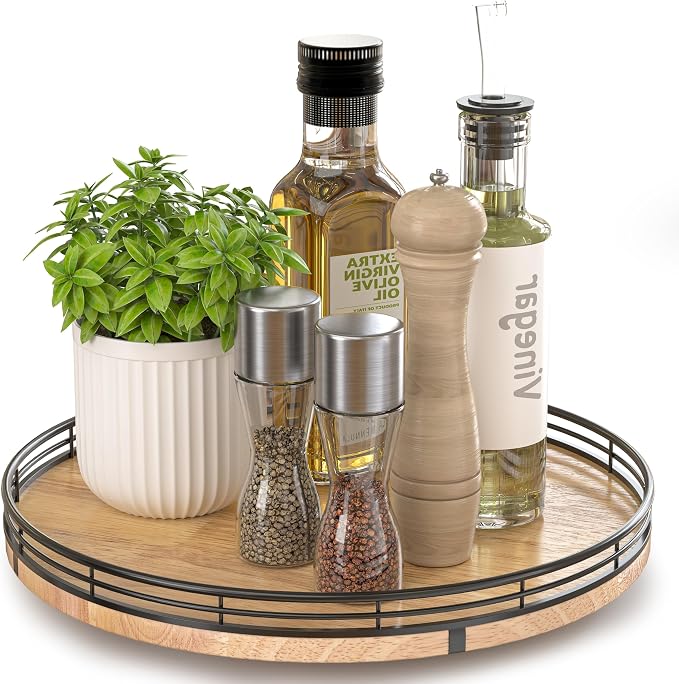 AMH 12-Inch Farmhouse Oak Lazy Susan Organizer | Smooth rotating oak tray with walnut finish for dining tables, kitchen counters, pantries and cabinet storage.