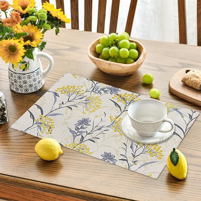 Floral Table Placemats Set of 4 Summer Flower Linen Cotton Washable Table Mats Heat Resistant Reusable Place Mat for Kitchen Dining 12x18 Inch