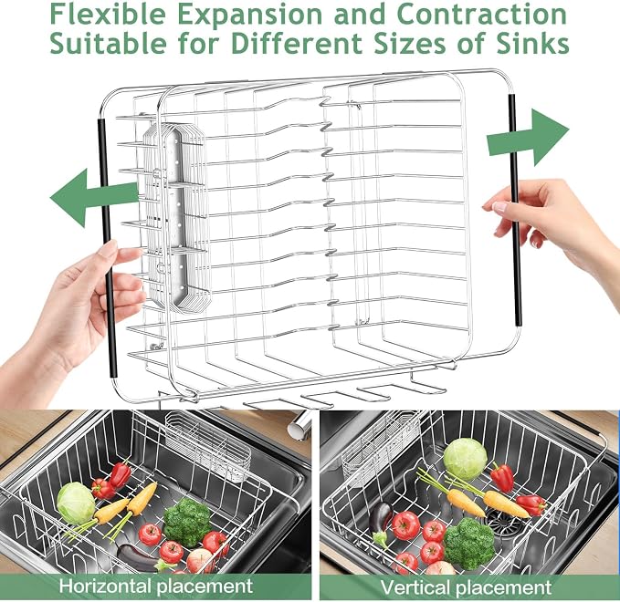 Fanbsy Dish Drying Rack in Sink, Extendable Stainless Steel Dish Drainers for Kitchen Counter, Anti-Rust Dish Dryer Rack with Utensil & Cup Holders, for Inside Sink, Over The Sink