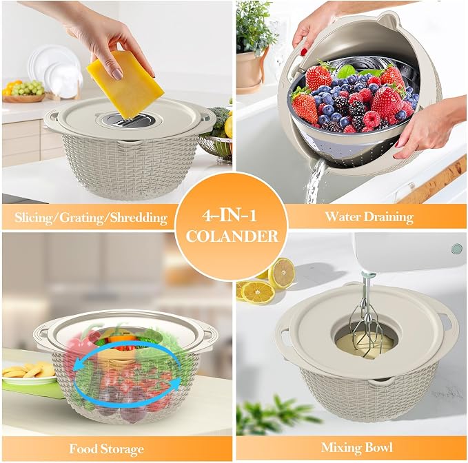 4-1 Colander with Bowl Set, Food Strainers and Colanders, Fruit Washing Bowl with Strainer, Rotatable Colander for Kitchen, Aesthetic Kitchen Gadget, Christmas & New Year Gifts - Beige