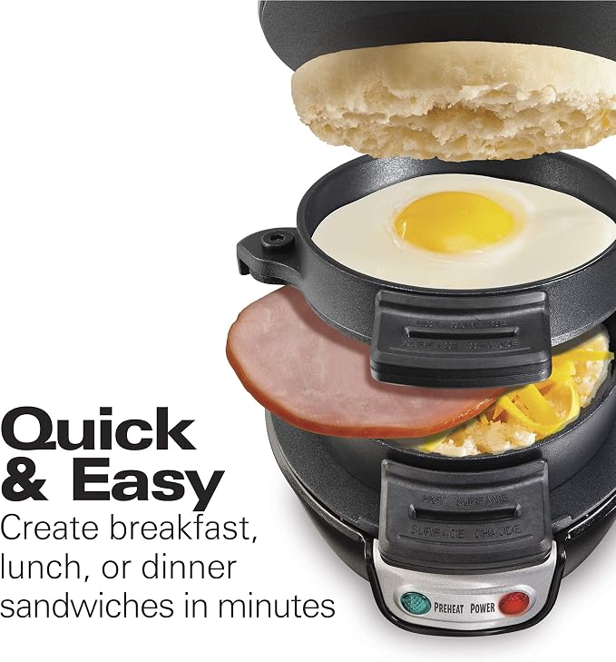 Hamilton Beach Breakfast Sandwich Maker with Egg Cooker Ring | Perfect for English Muffins, Croissants, Mini Waffles | Customizable & Fast | PFAS-Free | Black | 25477MN