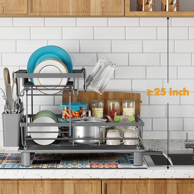 2 Tier Large Detachable Dish Drying Rack for Kitchen Counter, Gray | Compact Dish Drainer Organizer, Rust-Resistant, Space-Saving Dish Rack with Drainboard, Utensil Holder, Kitchen Organizer
