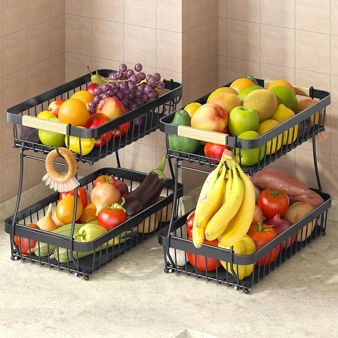 2-Tier Fruit Basket with Banana Hangers, Detachable Metal Bowl | Wooden handle, protective mats included. Versatile holder for bread, snacks, and veggies. 2-Pack 2 tier metal design.