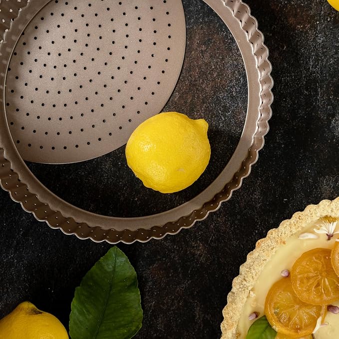 9 inch Tart Pan with Removable Bottom Nonstick, PFOA & BPA Free | | Non-Toxic - High Carbon Steel - Gold - Perforated Tart Mold