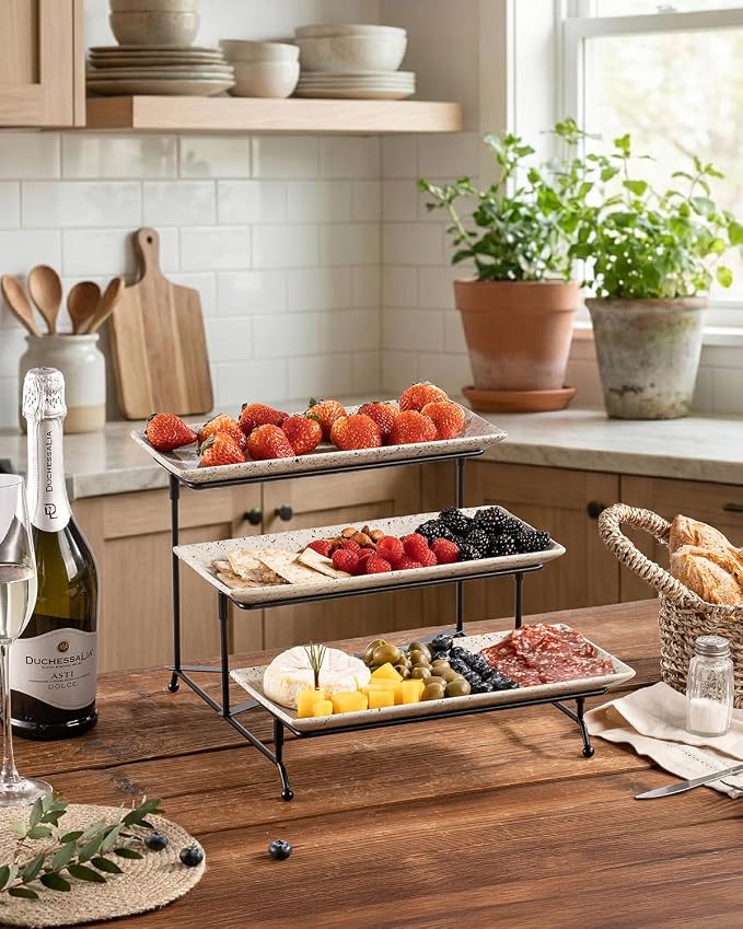 LAUCHUH 3 Tier Serving Tray, Porcelain Serving Platters and Trays for Party | 12 Inch Tiered Tray Stand Cupcake Stand with Collapsible Sturdier Rack & 2 Cross Bars for Thanksgiving Day, Speckled Glaze