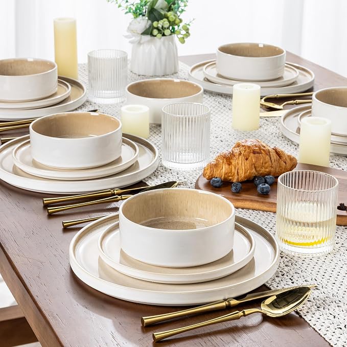 AmorArc Ceramic Dinnerware Sets for 8,24 Piece Plates and Bowls Sets Dishes | Stoneware Handmade Reactive Glaze Dishes Set | Highly Chip and Crack Resistant | Dishwasher & Microwave Safe