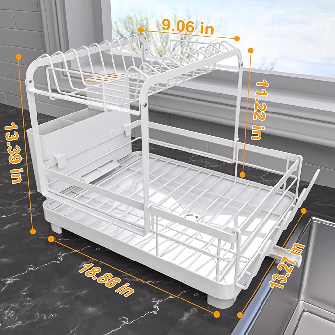 Runnatal 2-Tier Dish Drying Rack with Drainboard for Kitchen Counter | Large Dish Rack Anti-Rust Dish Drainers with Utensil Holder, Extra Cup Holder, White
