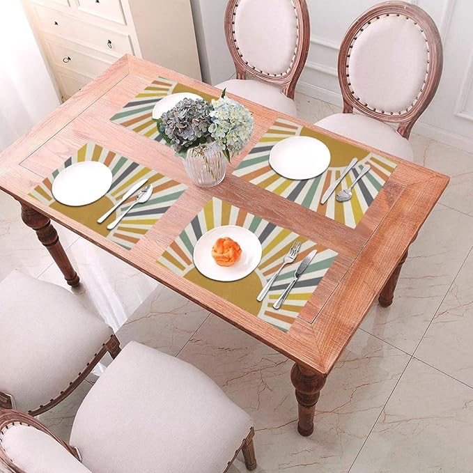 Summer Boho Placemats Set of 4, Yellow Stripes Sunshine Decorative Table Mat 12 x 18 Inch Heat Resistant Non Slip Line Fabric Rainbow Sun Place mat for Holiday Party Kitchen Dining Decor