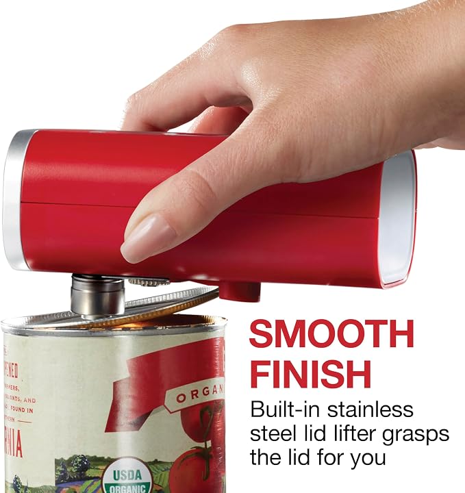 Proctor Silex Hands-Free Cordless USB Rechargeable Electric Can Opener | Automatic Shutoff | Self-Aligning | Smooth Touch Lid Edges | Compact & Easy to Store | Red | 76505
