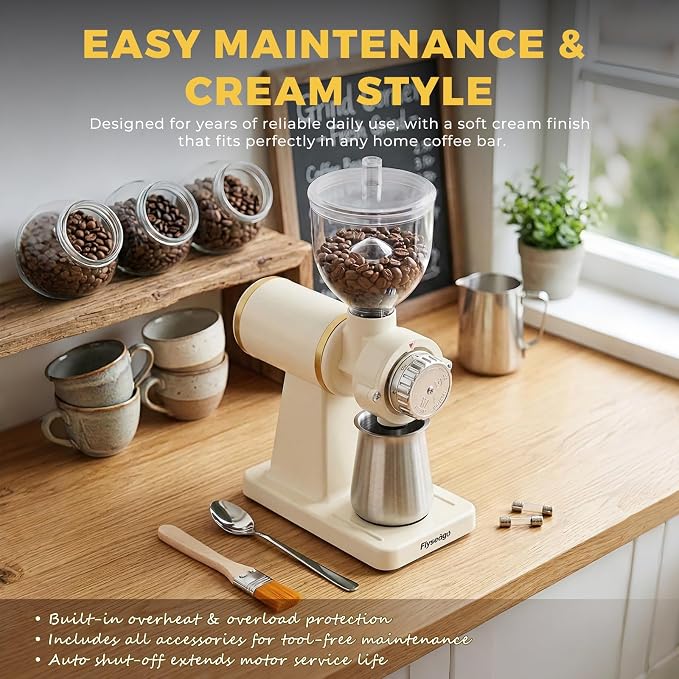 Electric Burr Coffee Grinder, 8 Grind Settings Cream Style White | 64mm Stainless Steel Flat Burr, Low Static & Quiet, for Espresso Pour Over French Press, 3-in-1 Receiving Cup, Easy Clean