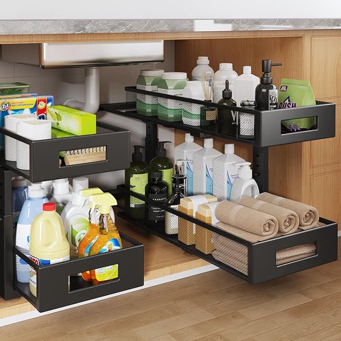 2 Packs 21IN Depth Under Sink Organizer, 2-Tier Pull Out Cabinet Organizer With Smooth Circular Rail, Large Capacity Metal Mesh Sliding Drawers For Bathroom& Kitchen Storage,Height Adjustable-Black