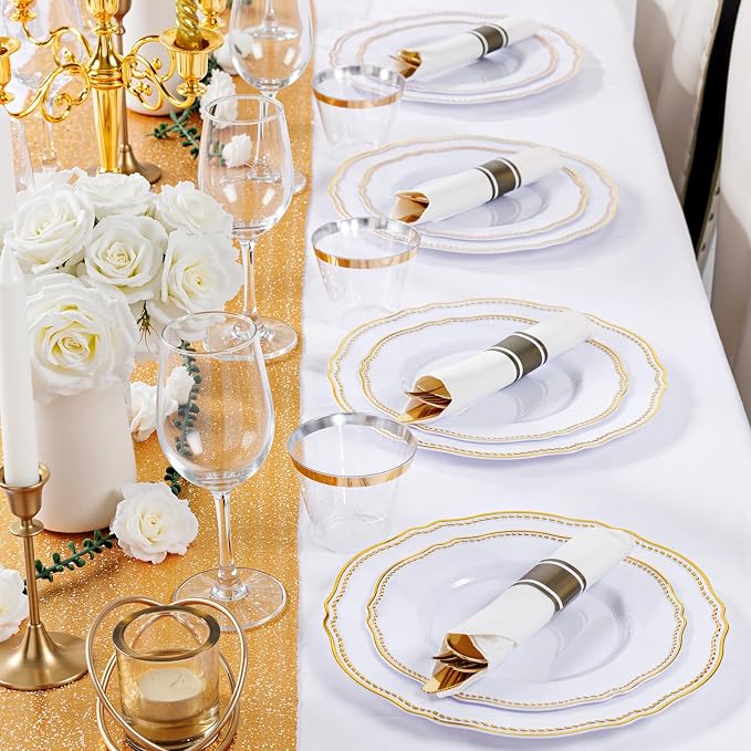 175 Pcs White and Gold Plastic Plates Wedding & Party | Gold Plastic Dinnerware Set Includes 25 Dinner Plates, 25 Dessert Dinnerware, 25 Cups, 25 Rolled Napkin Cutlery