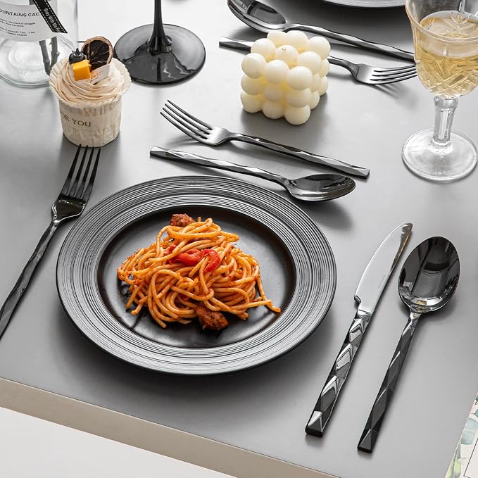 Black Silverware Set, Luxury 40 Piece Flatware Set for, 18/10 Stainless Steel Cutlery Set with Diamond Cut Pattern for Kitchen, Home, Wedding, Party, Mirror Polished and Dishwasher Safe