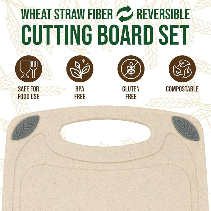 AXIOM CREATIONS 2-Piece Reversible Cutting Board Set Made with Natural Wheat Straw Fiber, Eco-Conscious Food Safe Kitchen Essentials, Gluten Free & BPA Free Chopping Boards for Kitchen