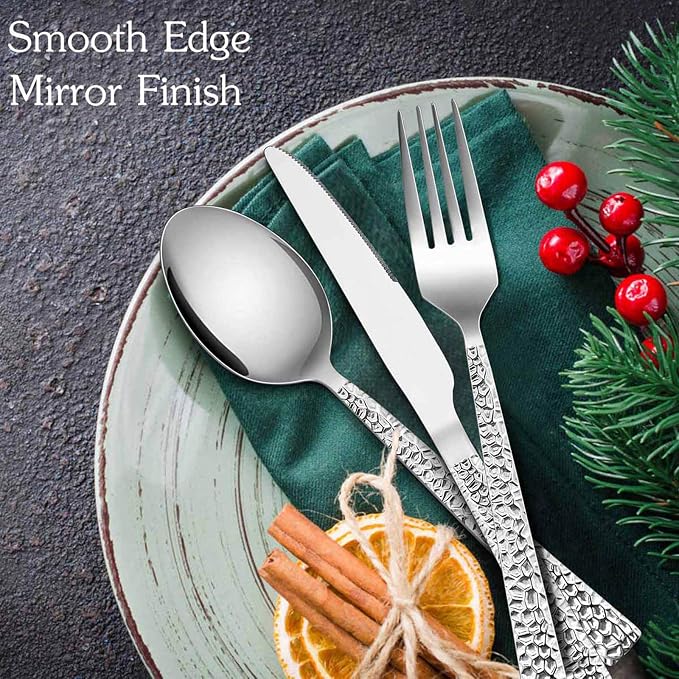 E-far Hammered Silverware Set for 8, 40 Pcs Stainless Steel Flatware Set | Includes Forks/Spoons/Dinner Knives, Cutlery Set for Home, Party, Wedding, Mirror Polished & Dishwasher Safe