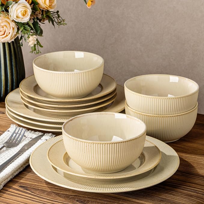 Ceramic Dinnerware Set for 4, 12-Piece Plates and Bowls Set | Lightweight Porcelain Dish Set, Scratch Resistant, Oven & Microwave & Dishwasher Safe, Cream Latte