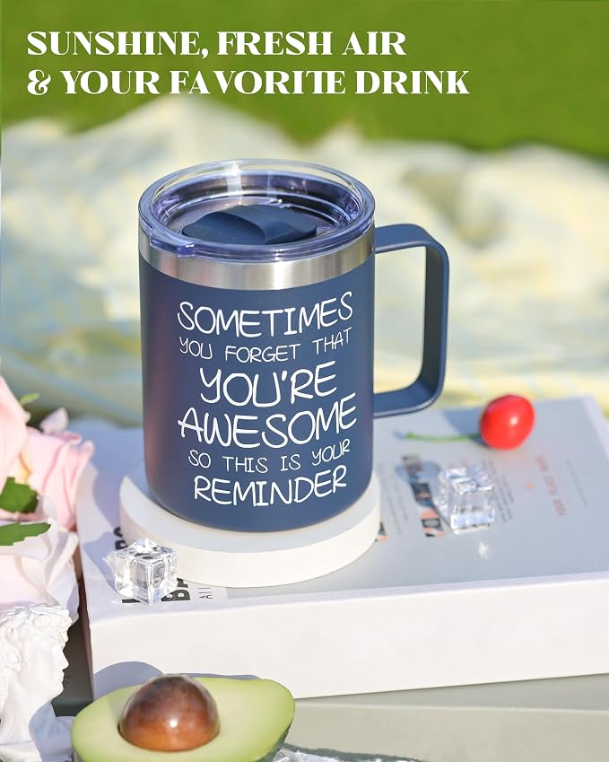 Inspirational Coffee Mug for Men, 12oz Insulated Stainless Steel Mug with Handle & 2 Lids – Sometimes You Forget You’re Awesome, Birthday & Appreciation Gift for Dad, Husband, Him, Navy Blue