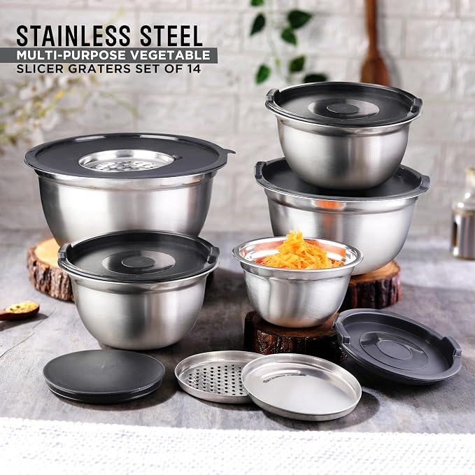 Premium Brushed Stainless Steel Mixing Bowls Sets, Easy To Clean, Space Saving, Great for Cooking, Baking, Prepping Needs 0.25qt, 1qt, 1.5qt, 3qt, 5qt (8 pc with Lid and Grater)