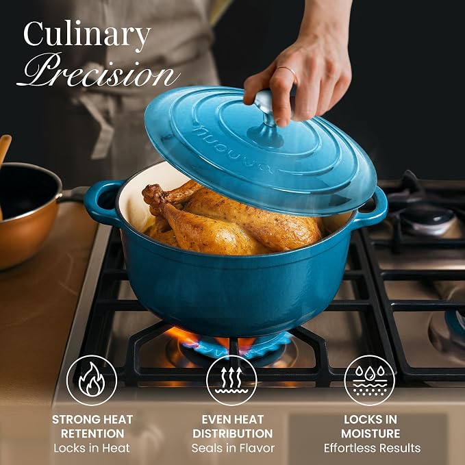 Nuovva Enamelled Cast Iron Dutch Oven Pot with Lid 6.4 Quart Non Stick Casserole Pot-Heavy Duty & Oven Safe up to 500° F for Bread Baking, Braising, Stews, Roasting - 28cm Light Blue