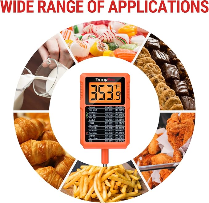 TempPro TempDip 1 Sec Digital Candy Thermometer with Pot Clip & 10" Probe | Waterproof Instant Read Deep Fryer Oil Thermometer, Cooking Meat Thermometer for Liquids, Grilling (Previously ThermoPro)