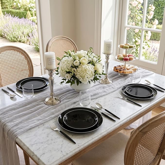 DaYammi 30 Guests Black Plastic Plates with Disposable Silverware,Silver Cutlery with Black Handle,Silver Disposable Dinnerware:60 Dinner/Dessert Plates,90 Plastic Silverware Set for Party Wedding