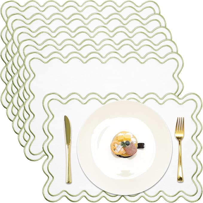 HunnmingRe White with Green Set of 6 Cotton Linen Wedding Placemats, 13x19 Inch Scalloped Wavy Embroidery Placemat Double Layered Washable Rustic Rectangle Dinner Table Mat for Home Decor
