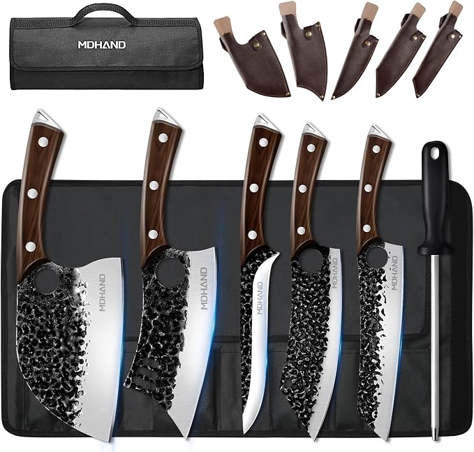 Butcher Knife Set, Serbian Chef Knife Set with Roll Bag Gift for Men | Hand Forged Full Tang 12PCS Kitchen Knife Set, Ebony Handle, High Carbon Steel Meat Cleaver for Brisket Trimming, Camping BBQ