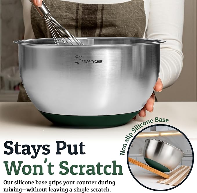 Stainless Steel Mixing Bowls with Lids Set, Metal Nesting Bowls with Airtight Lids, Graters, Non-Slip Base & Measurement Marks, Includes Utensil Set for Prep, Baking & Storage, Green