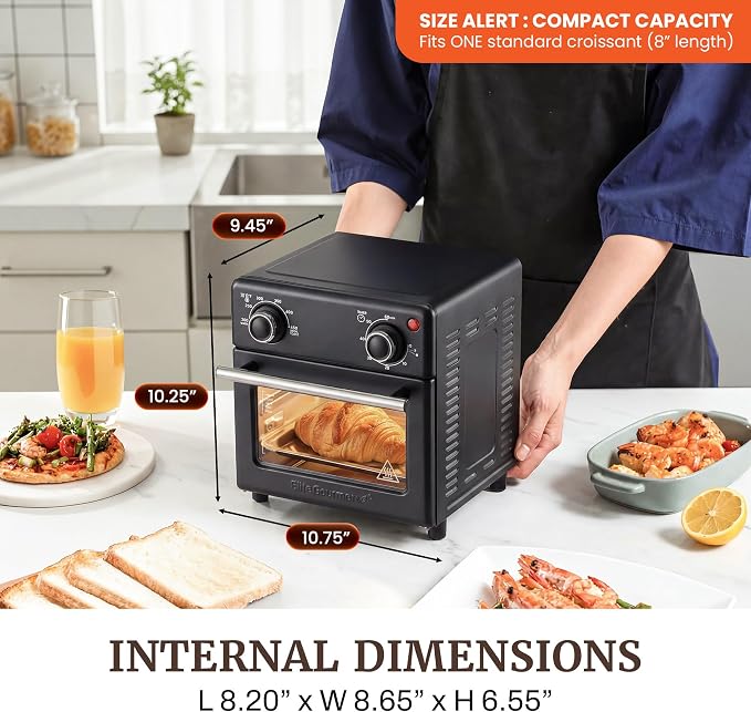 Elite Gourmet Compact Mini Air Fryer Oven, 8.5Qt, 800W, Black | Adjustable Time & Temperature Controls - Includes Air Fry Basket, Bake Pan & Recipes - Great for Countertop Use