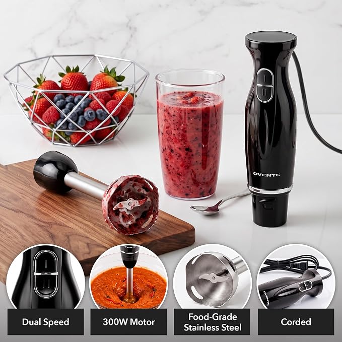 OVENTE Electric Corded Hand Blender, 300W with 2 Mixing Speeds Black HS560B | Handheld Immersion Stick Mixer with Stainless Steel Blades for Smoothies, Purees & Baby Food