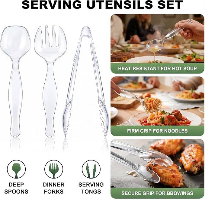 36Pcs Disposable Plastic Serving Utensils Set, 12 Clear Spoons, 12 Forks, 12 Tongs, 9-Inch for Party Buffet Catering Events, Heavy Duty and Ergonomic Design
