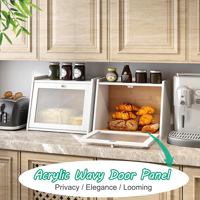 kiplant Large Bread Box for Kitchen Counter, White Bamboo Bread Storage Container with Wavy Arcylic Transparent Door, Bamboo Wooden Farmhouse Bread Box for Your House