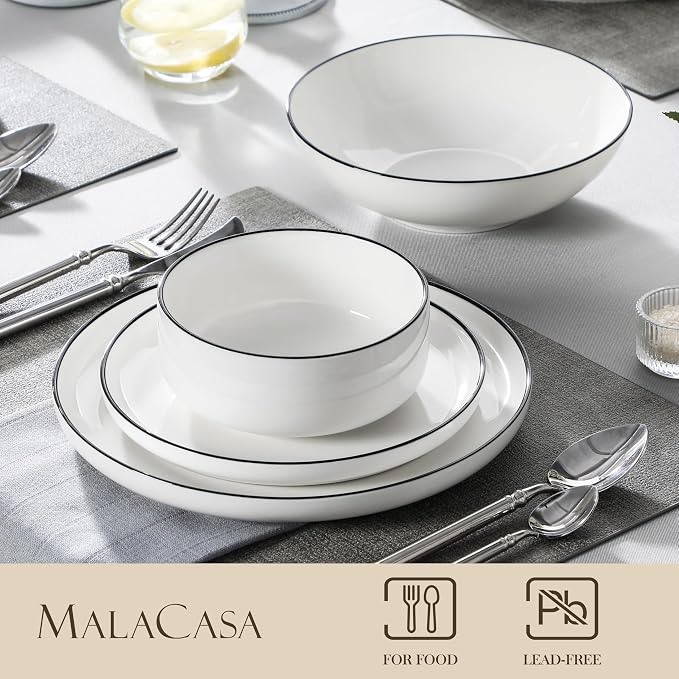 MALACASA 24 Pcs Porcelain Plates and Bowls Sets,Dinnerware Set for 6,White | Modern Ceramic Dishware Set,Kitchen Dining Ware,Microwave and Dishwasher Safe,Simple White with Black Trim Design,Series LUNA