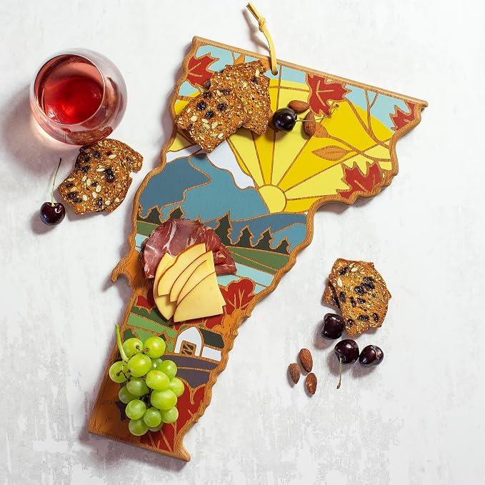 Totally Bamboo Vermont State Shaped Cutting Board, Summer Stokes Art | State charcuterie board with colorful hand-drawn landscape art. Smooth reverse side for food prep. Hang tie for wall display.