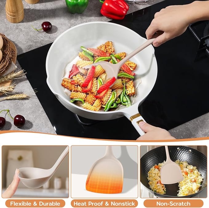 Onader Kitchen Utensils Set, Silicone Non Toxic Cooking Utensils, Khaki | 6 Pcs Heat Resistant Kitchen Gadgets Set for Nonstick Cookware, Dishwasher Safe