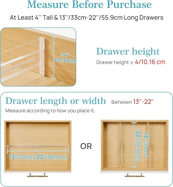 Vtopmart 4" High Drawer Dividers for Clothes, 13"-22" Adjustable, 4 pack | Expandable Dresser Drawer Organizer, Clear Plastic Separators for Dresser, Baby Clothing, Underwear, Cosmetic, Toiletries