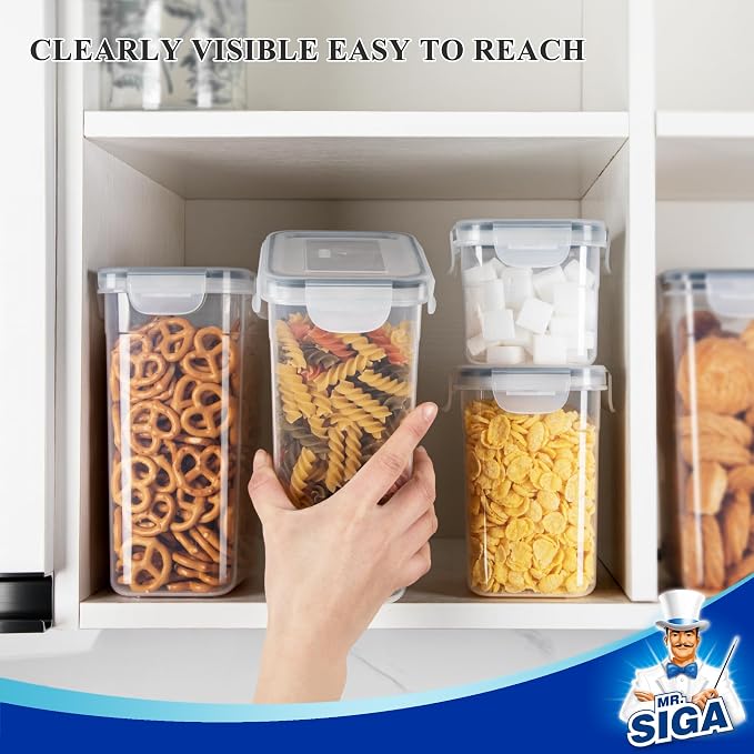 MR.SIGA 12 Pack Airtight Food Storage Container Set for Pantry Organization | Stackable, BPA Free plastic storage containers for pantry, great for snacks, spaghetti, includes 24 reusable sticker labels
