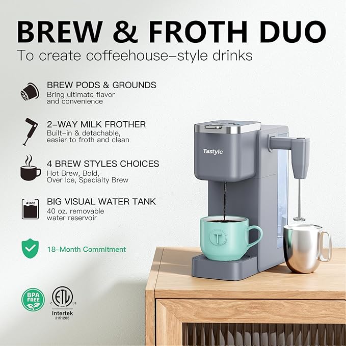 Tastyle Single Serve Coffee Maker with Built-in Detachable Milk Frother | For K Cups & Grounds, 40oz Removable Water Tank, 6 Brew Sizes, 2 Drip Trays, BPA Free, Fits 7.3" Travel Mug, K330MF, Gray