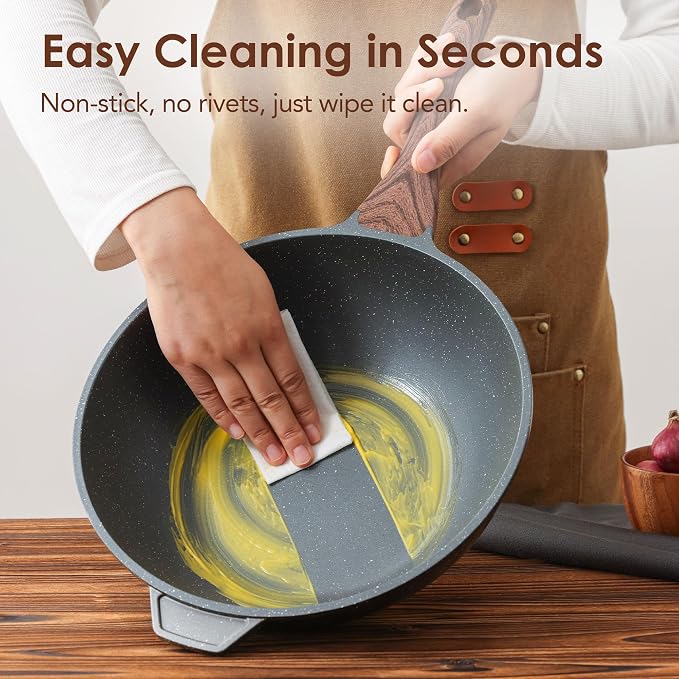 SENSARTE Nonstick Wok Pan with Lid 11Inch, Healthy Stir-fry Pan Chef's Pan | Induction Cookware, Swiss Granite Coating, Even & Fast Heating, Non stick Frying Pan Skillet, Stay-cool Handle, PFOA Free