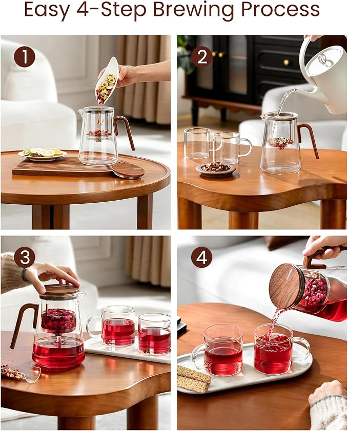 ZENS Magnetic Glass Teapot with Infuser and 2 Cups for Loose Tea, 34oz | Enchanti Magnetic Teapot, Magic Mess Free Loose Leaf Tea Steeper for Tea Lovers Gift, Walnut Pattern