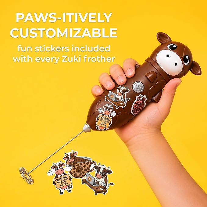 Zulay Kitchen Cow Milk Frother Wand – Cutesy Frother, Meet Your New Frothing Buddy Chocolate The Cow, Adoption Papers and Stickers Included, Purrr-fect for Lattes, Cappuccino & Matcha – Brown
