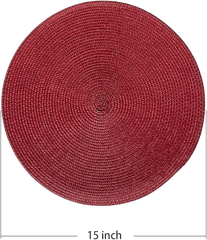 AHHFSMEI Round Placemats Set of 6 Heat Resistant Washable Non-Slip Woven Braided Table Mats for Dining Table Kitchen & Home Decor (Burgendy Red)