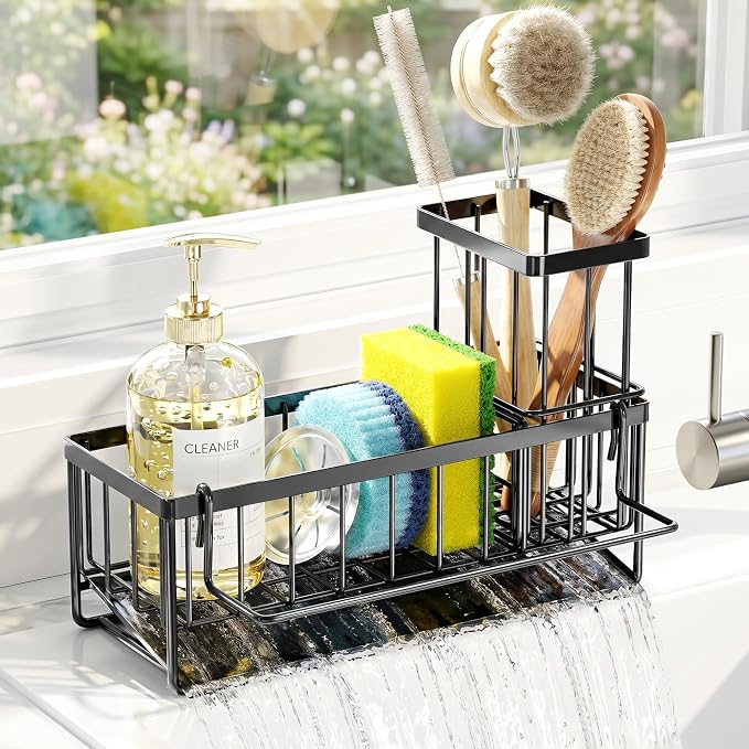 Slanted Sponge Holder for Kitchen Sink, Stainless Steel Sink Caddy Multi Sponge Holder, Small 9.65" × 3.74" × 6.3" Organizer for Apartment, Dorm, RV, Small Kitchen Countertop (Black)